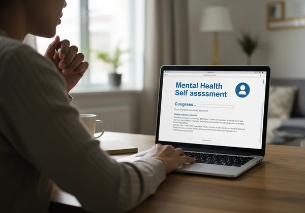 Person thoughtfully reviewing an online self-assessment