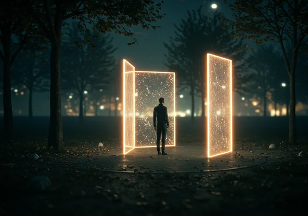 Person feeling trapped by invisible walls in a city street