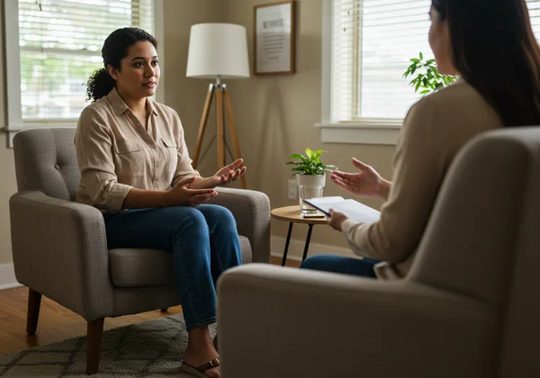 Person talking to a therapist, seeking professional support