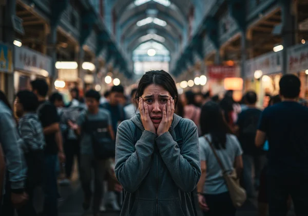 Person feeling trapped and panicking in a crowded market