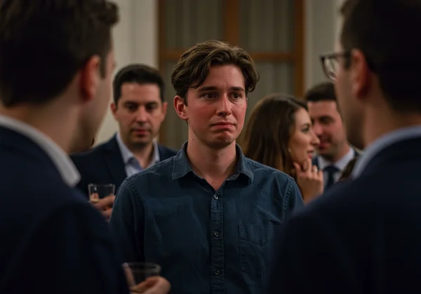 Person feeling judged and scrutinized in a social setting