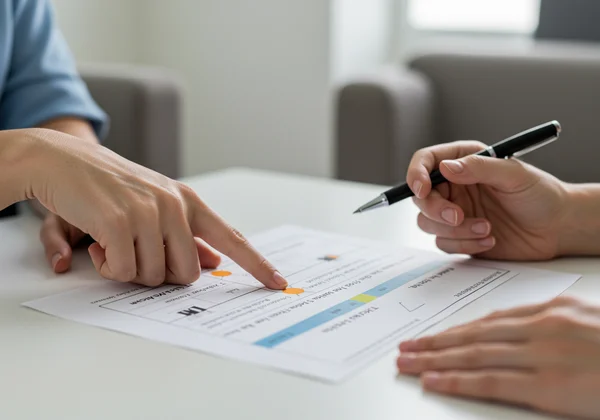 治療計画のチャートに共同で目標をマークしている手。