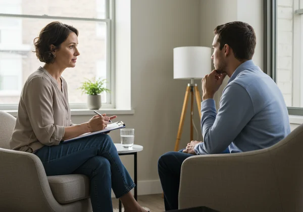 穏やかなセッションでセラピストとクライアントが治療について話し合っている。