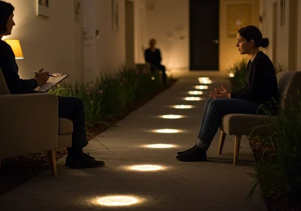 Person in therapy, taking gradual steps towards overcoming fear.