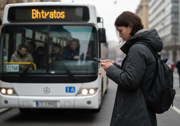 Person subtly avoiding a crowded bus stop, checking phone.