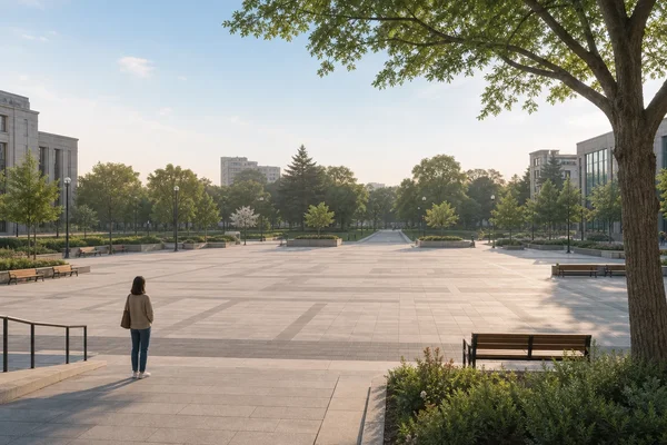 Calm open plaza with clear exits