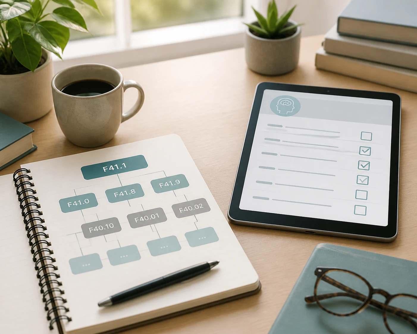 Calm desk with ICD code notes