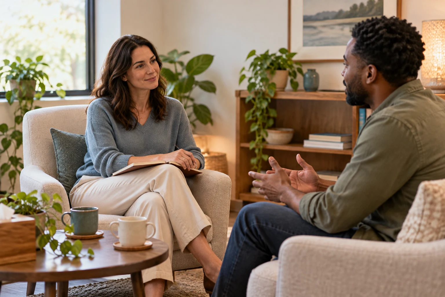 Supportive conversation in a calm office